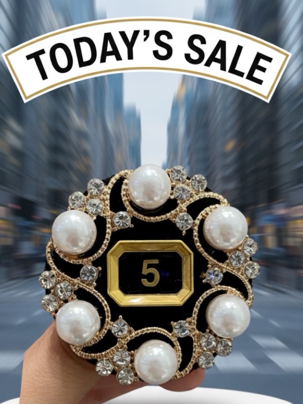 Black & Gold tone Pear & Rhinestone Brooch Pin - Number 5 Accent